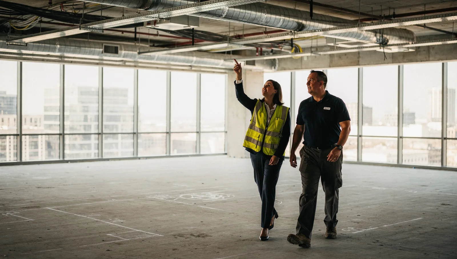 Two inspectors in safety vests walk through an empty office floor, examining exposed ceiling ductwork and concrete.