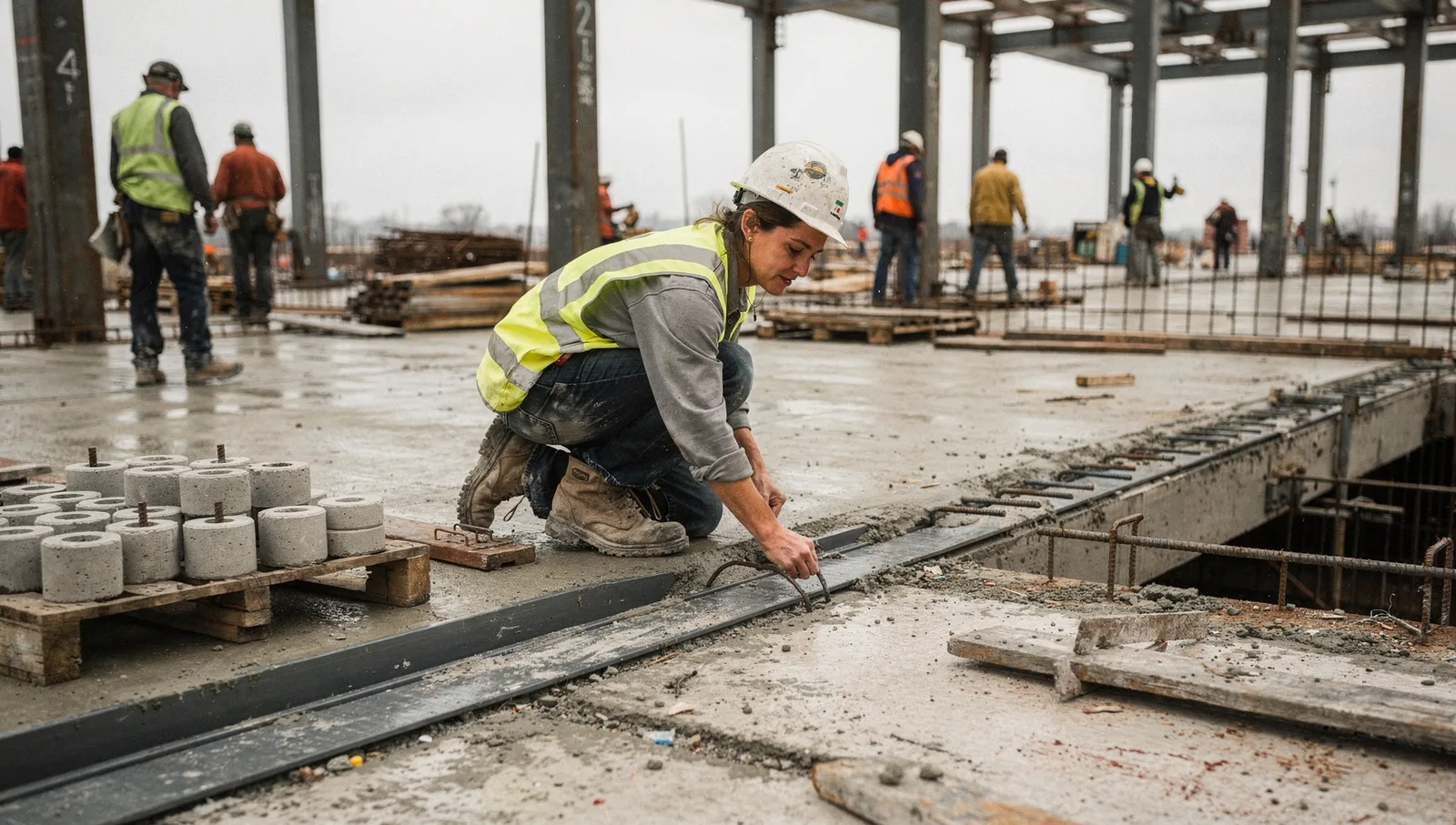 A civil engineer in a hard hat and safety vest crouches to inspect an expansion joint on a commercial concrete slab.