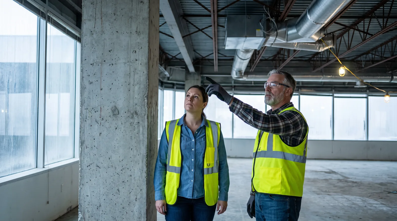 Two inspectors in safety vests examine an exposed concrete pillar and overhead ductwork in an empty office space.