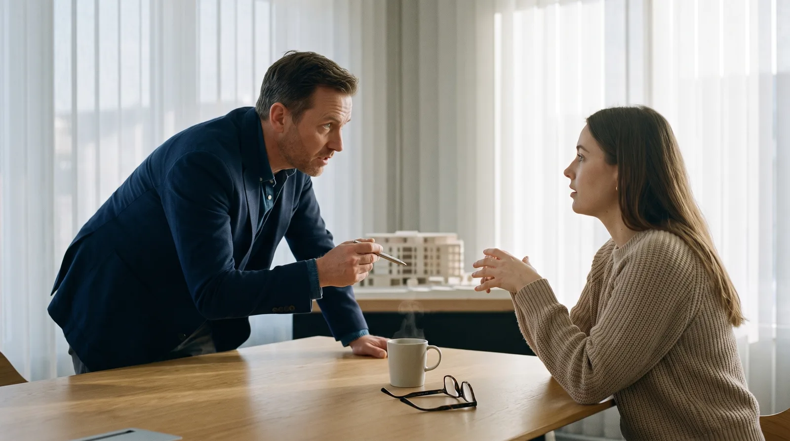 Two colleagues lean over a conference table discussing work in a bright, modern corporate office.