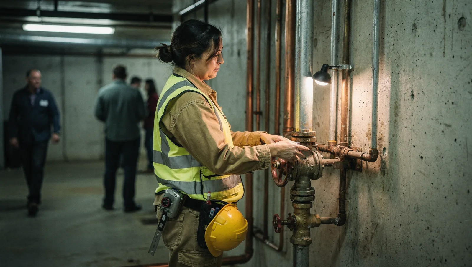 Surveyor in a high-visibility vest inspecting copper pipes and utility risers in a commercial building mechanical room.