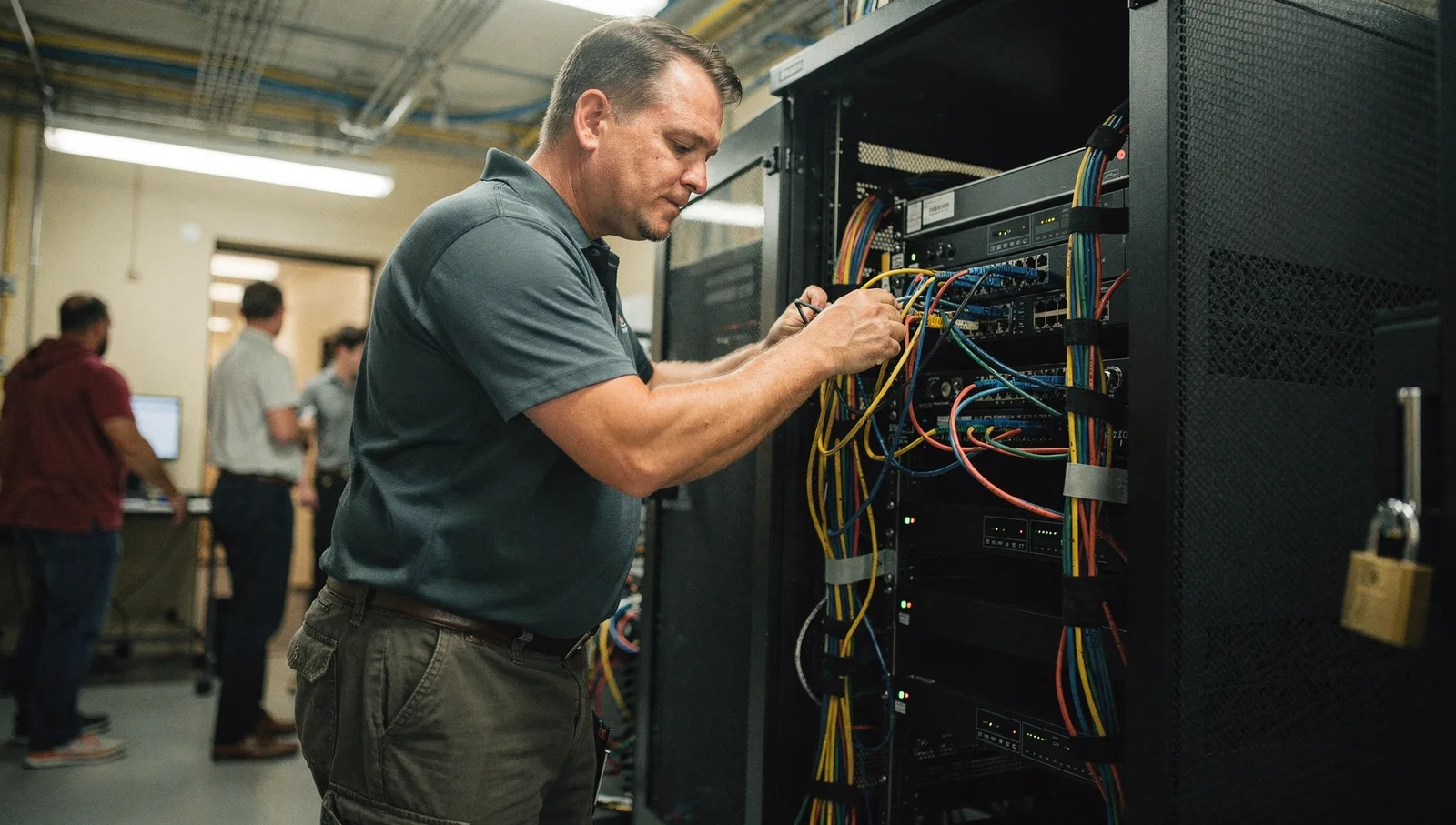 A network engineer inspects patch cabling and port connections inside an open server rack in a telecommunications room.