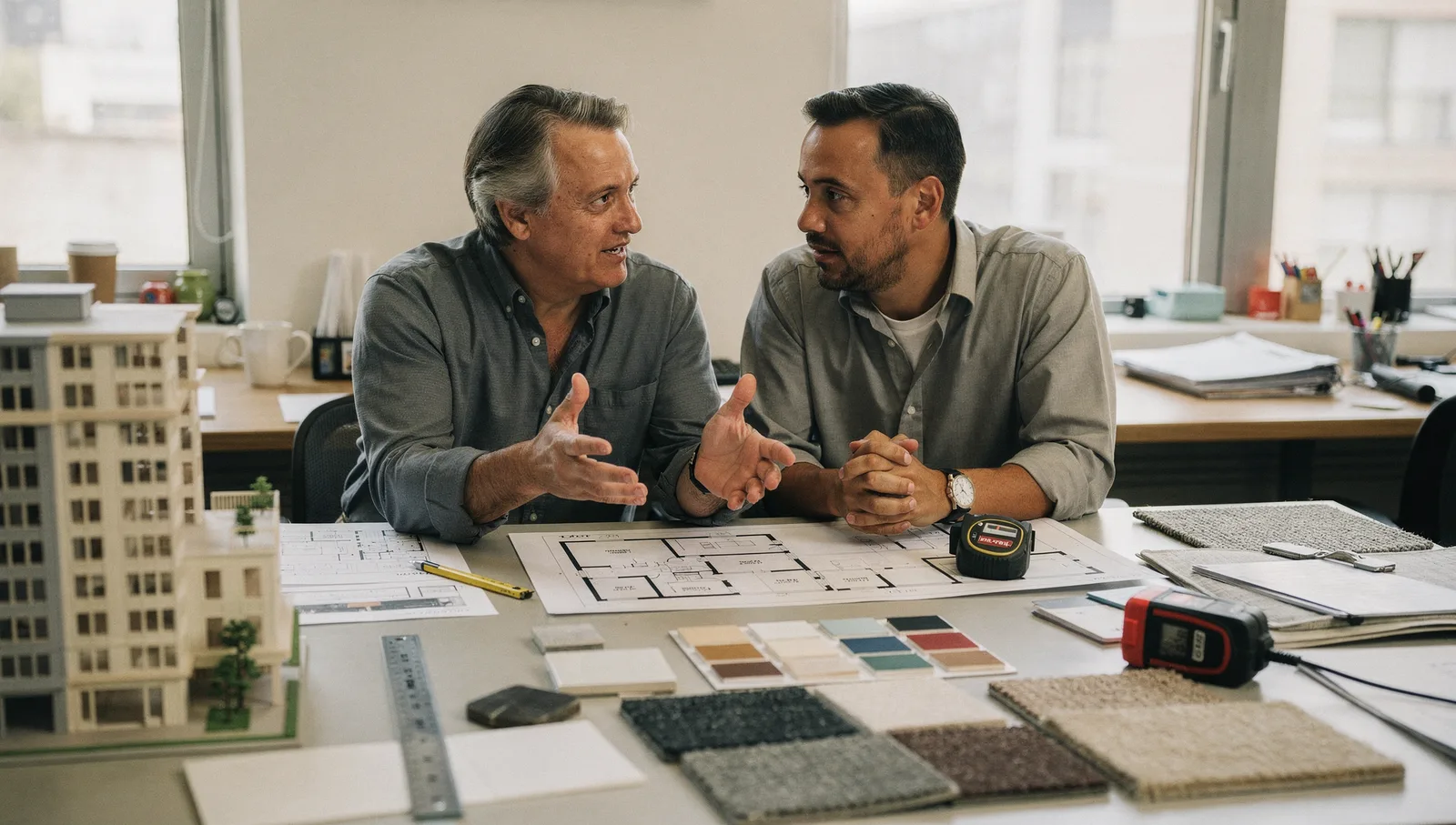 Two commercial real estate professionals converse in a sunlit modern office amidst work materials.