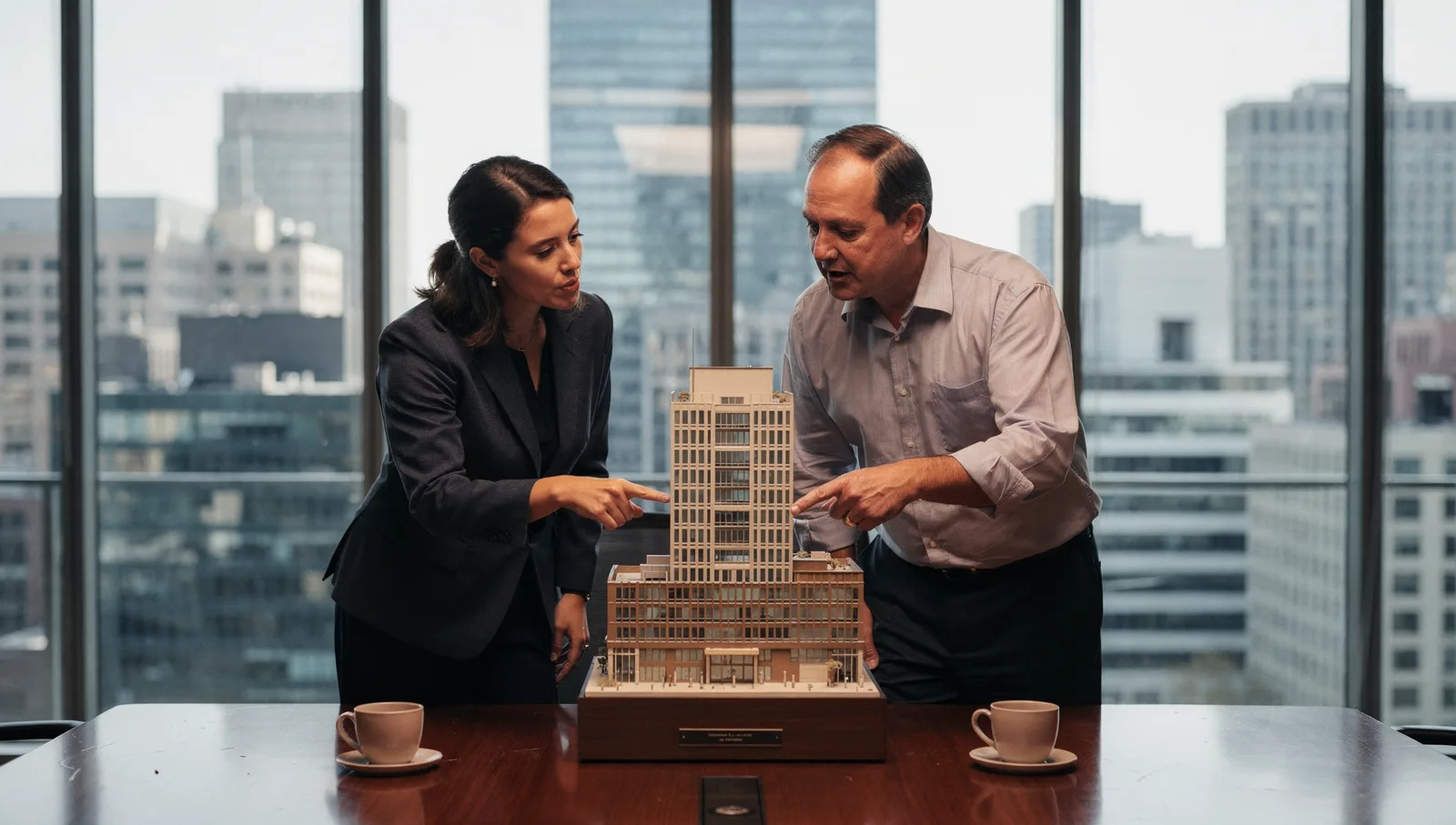 Two analysts examining a detailed architectural scale model of an office building in a high-rise conference room.