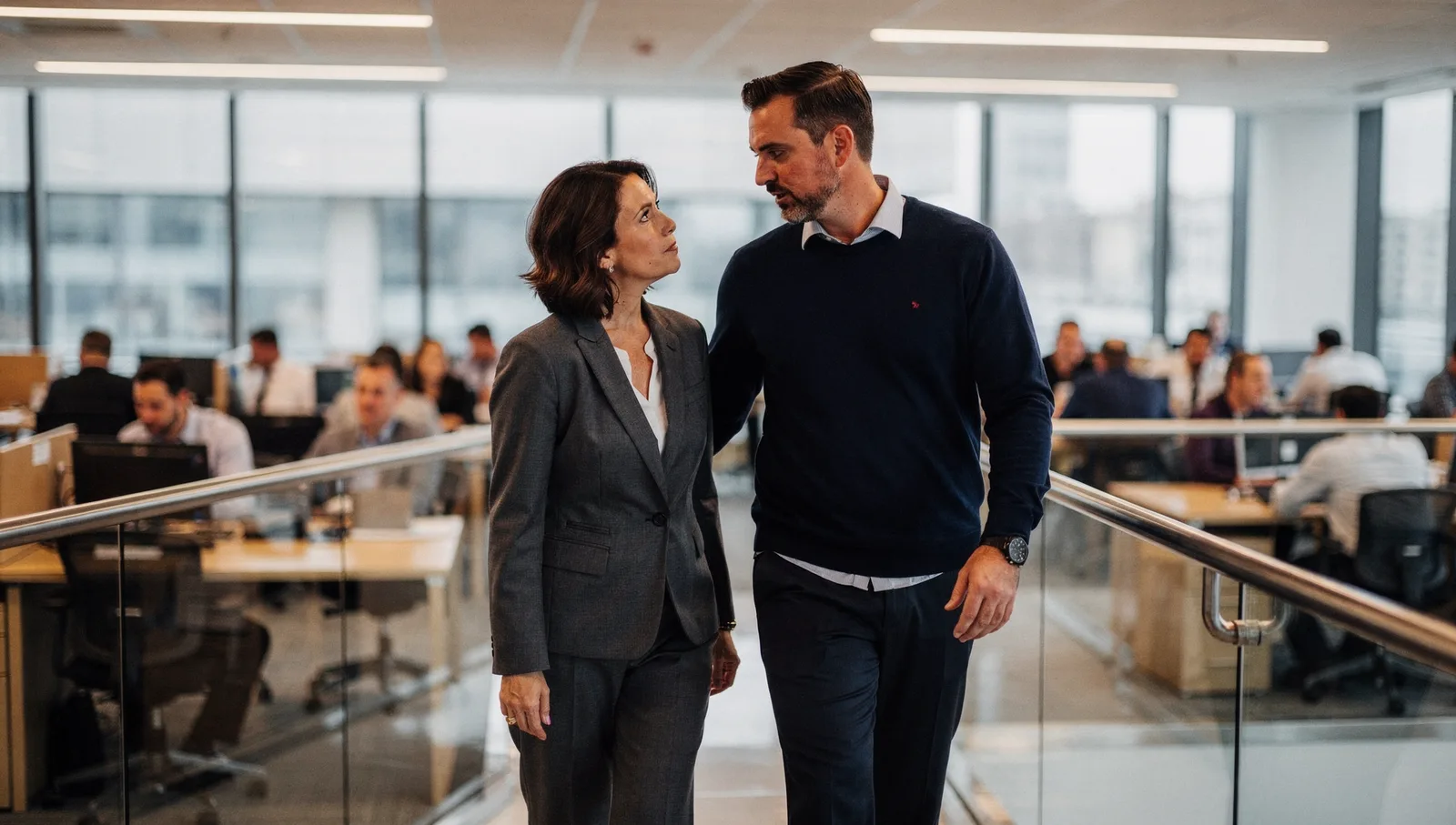 A woman and a man talking on an elevated office walkway overlooking an open trading floor.
