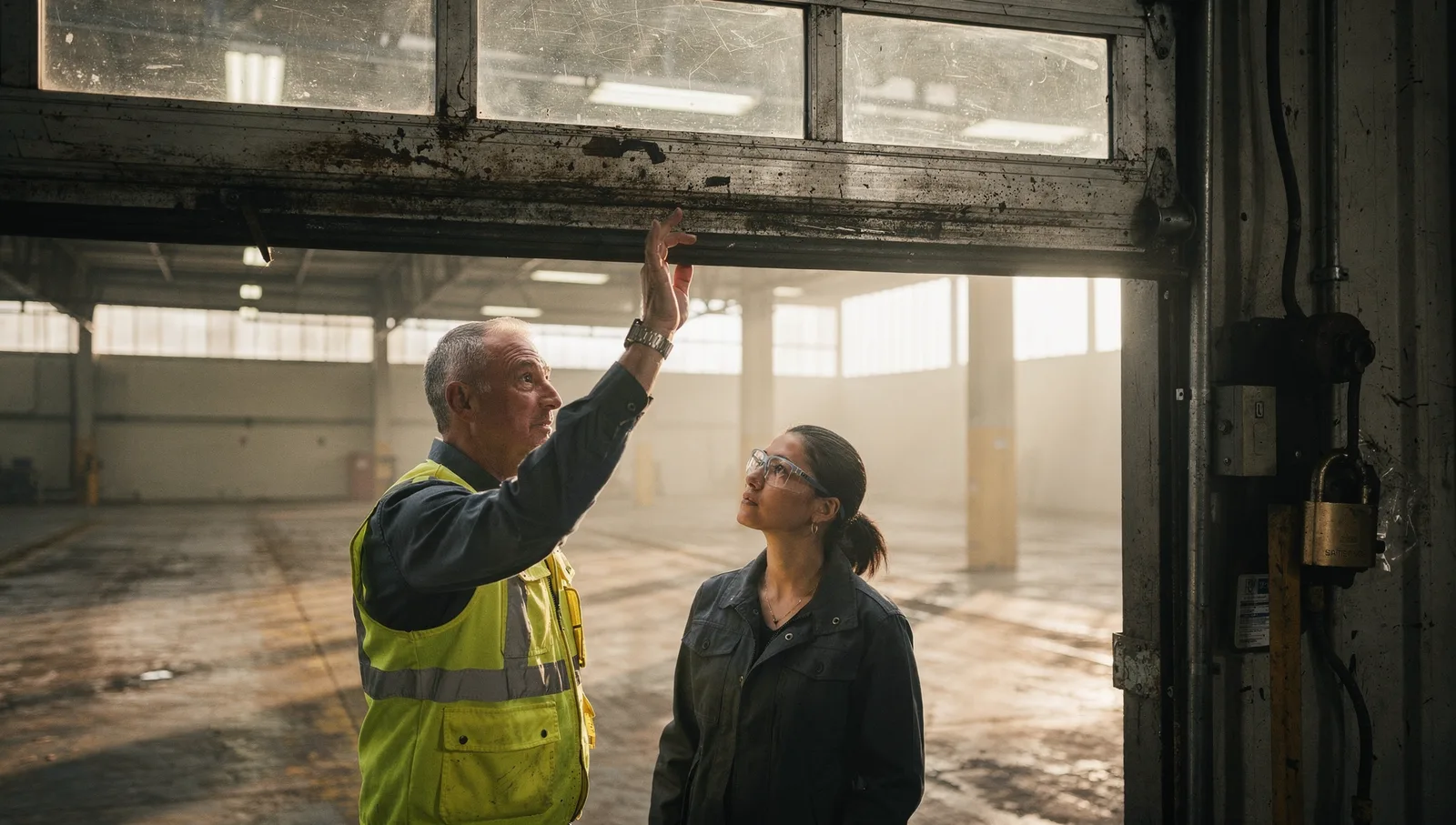 Two inspectors in safety gear examine an overhead industrial freight door mechanism in a warehouse.