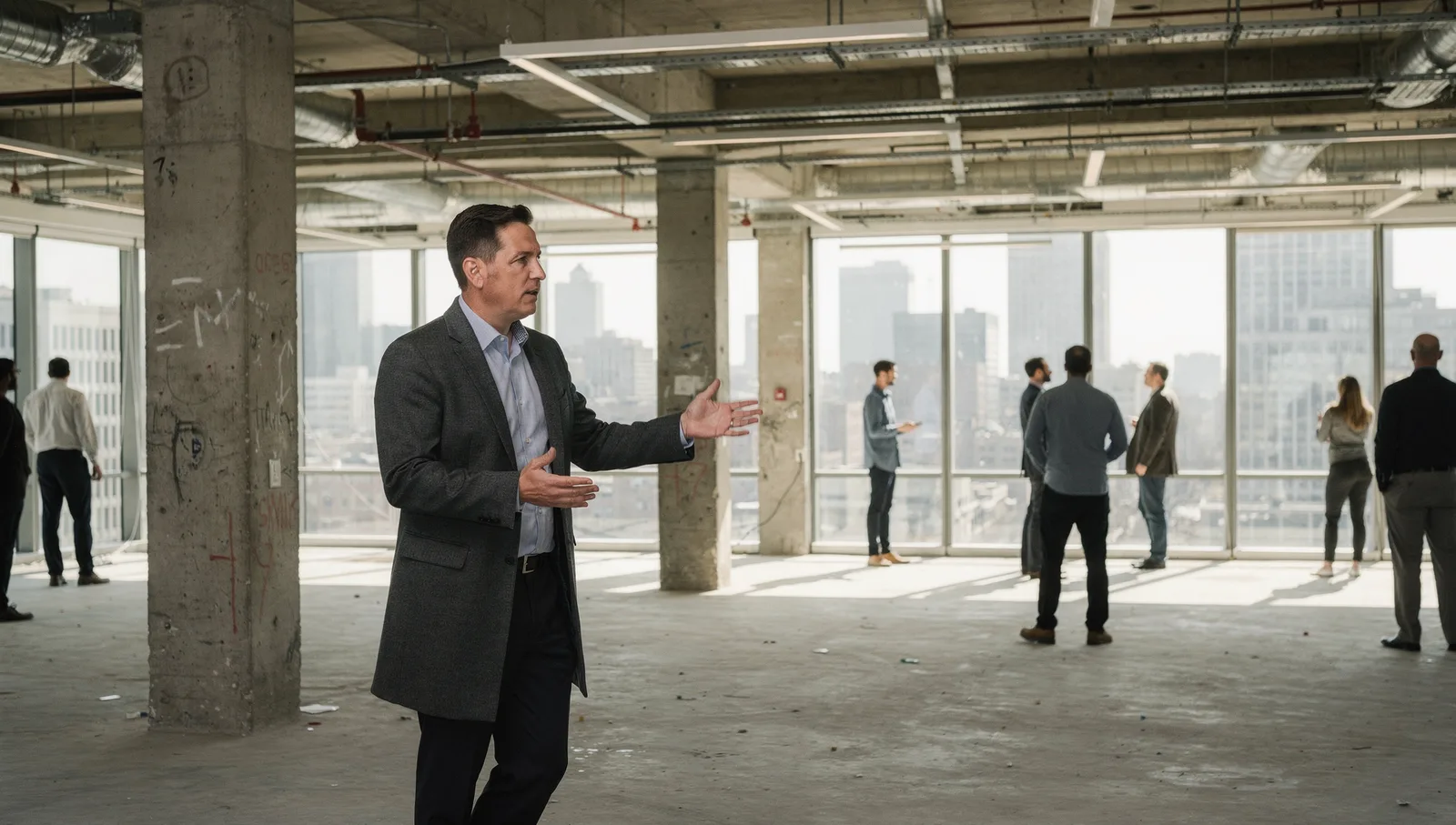 Professional in a charcoal coat inspecting an empty commercial office floor with concrete pillars and city views.