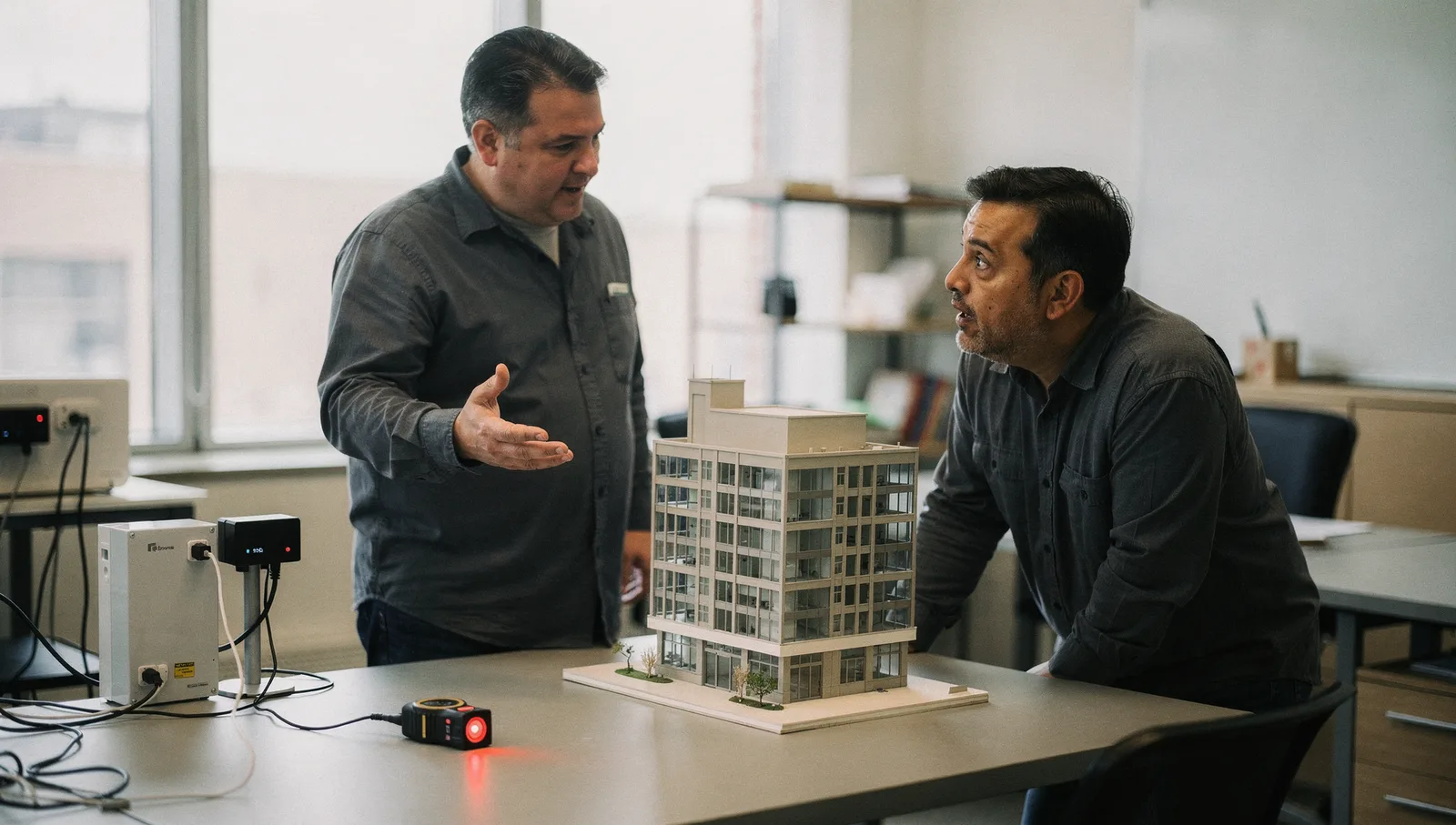 Two commercial real estate professionals in discussion in a sunlit modern office.