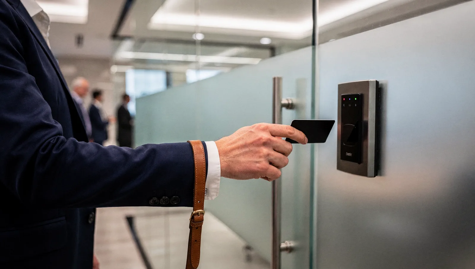 A person in a navy suit swiping a keycard against an electronic door reader by a frosted glass office door.