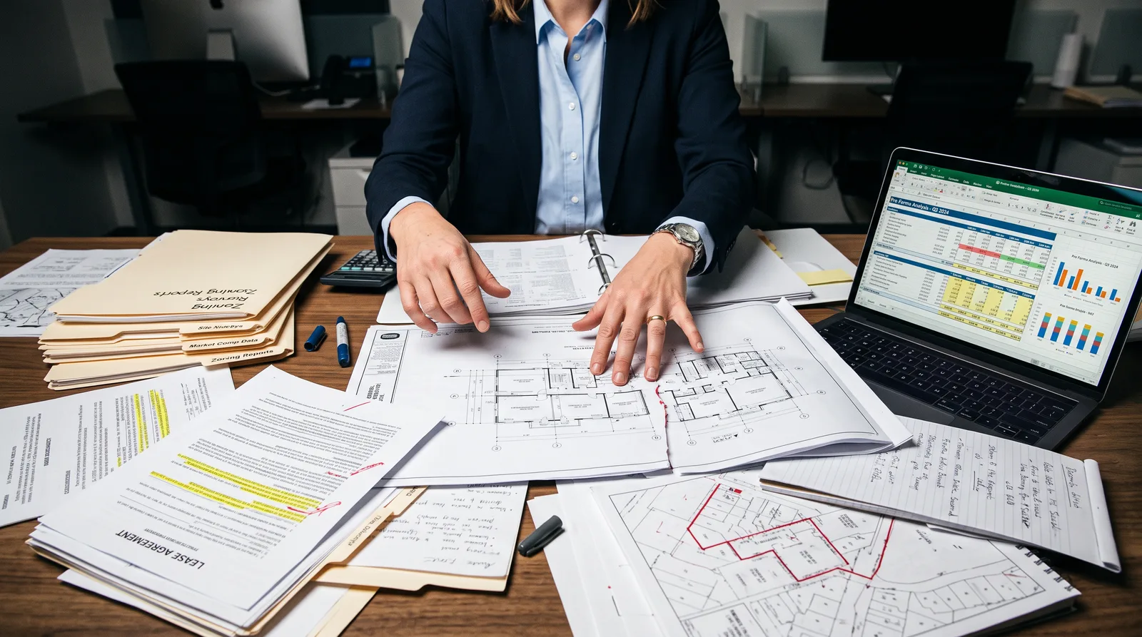Commercial real estate analyst working at desk surrounded by scattered blueprints, spreadsheets, and property documents