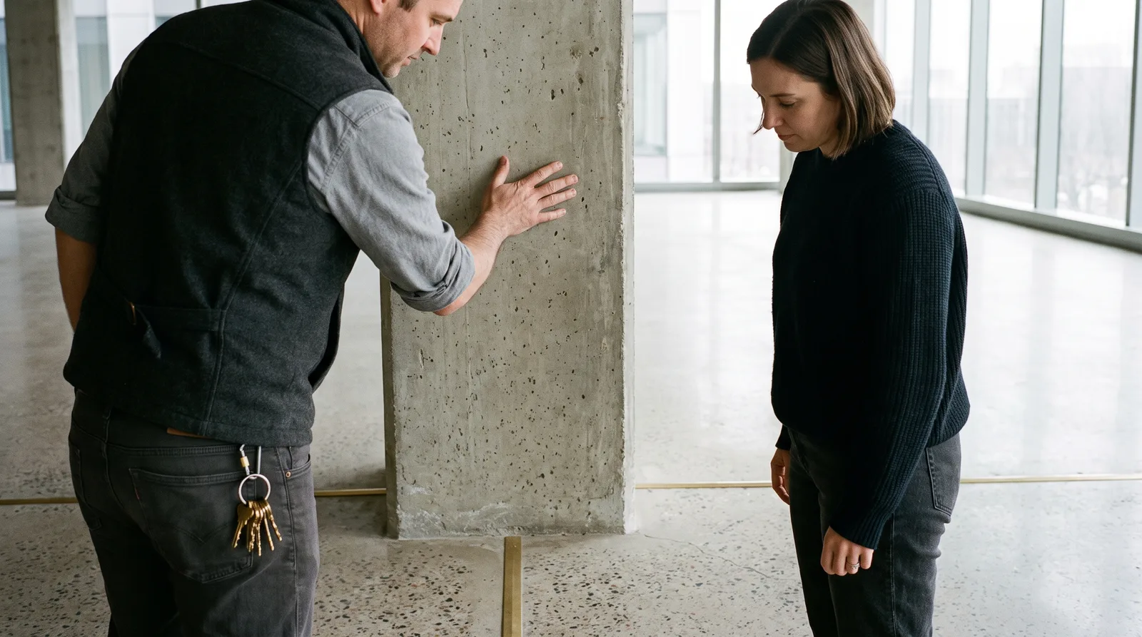 Two commercial real estate professionals inspect a concrete pillar and floor in an empty office space.