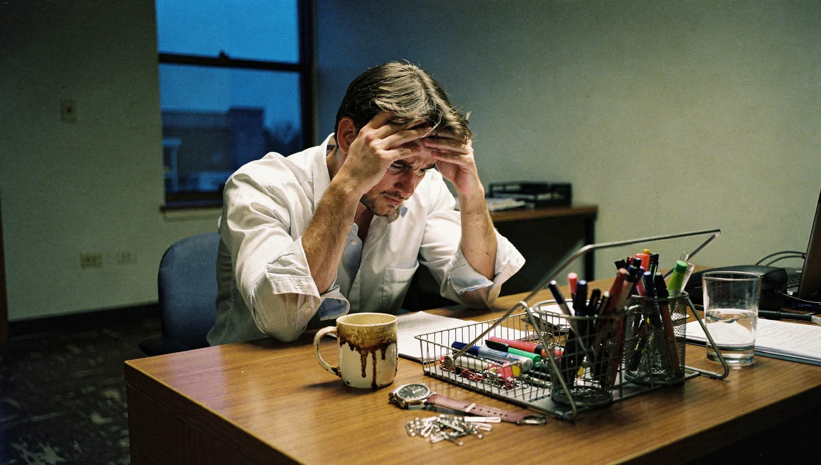 Tired office worker rubbing temples at a cluttered desk at night in an empty office beside a window.