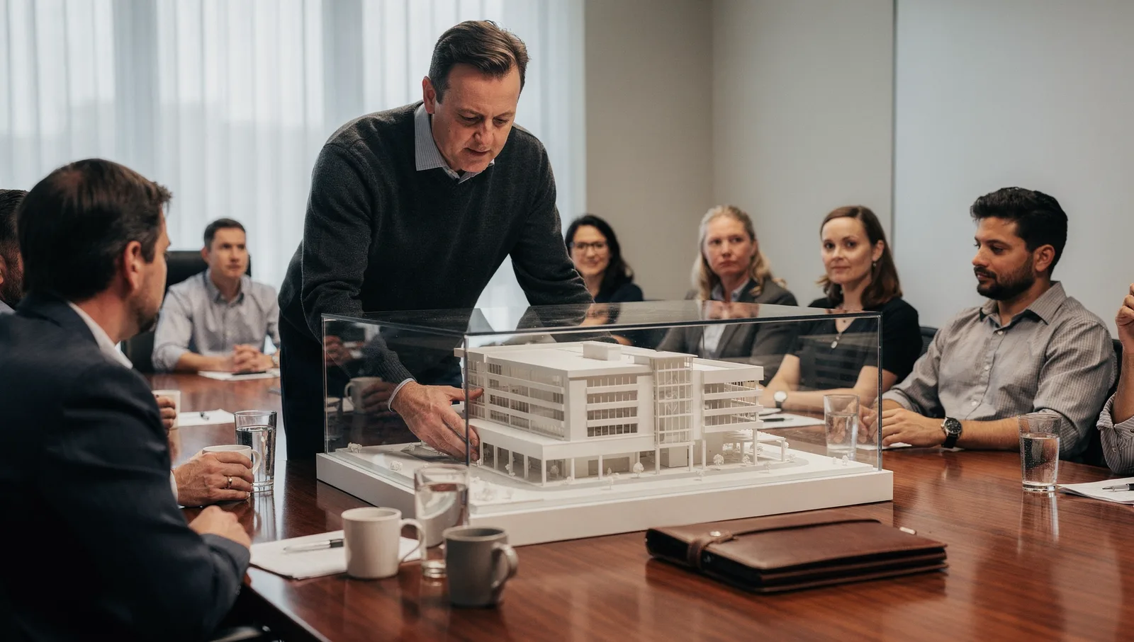 An asset manager leaning over an architectural scale model of a commercial building on a boardroom table.