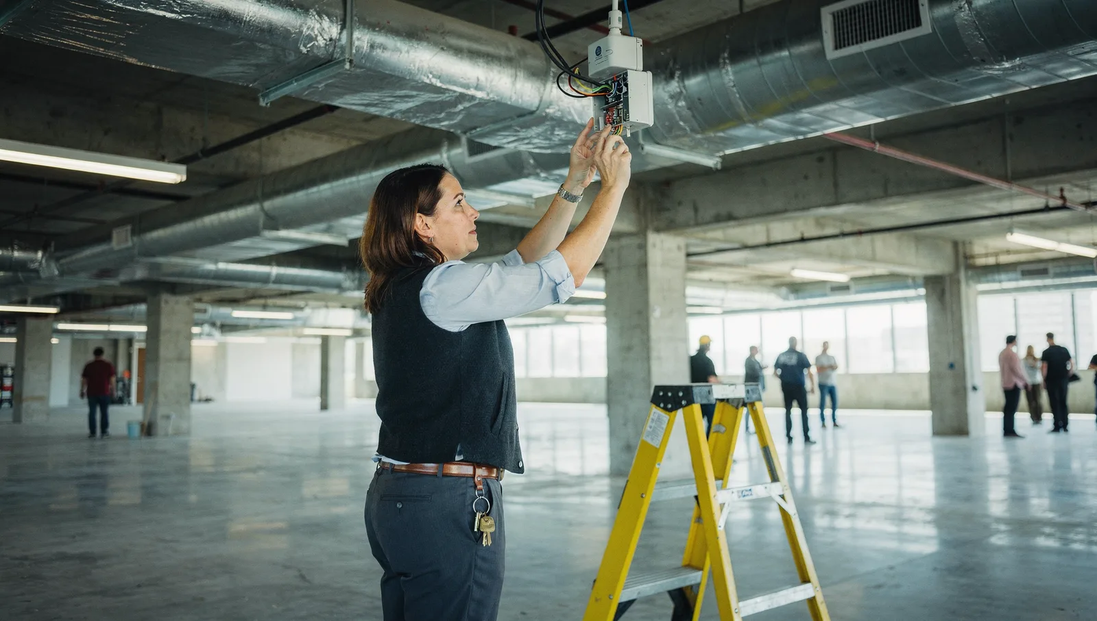 Property operations manager inspecting overhead HVAC wiring and sensors in a vacant, renovated commercial office floor.