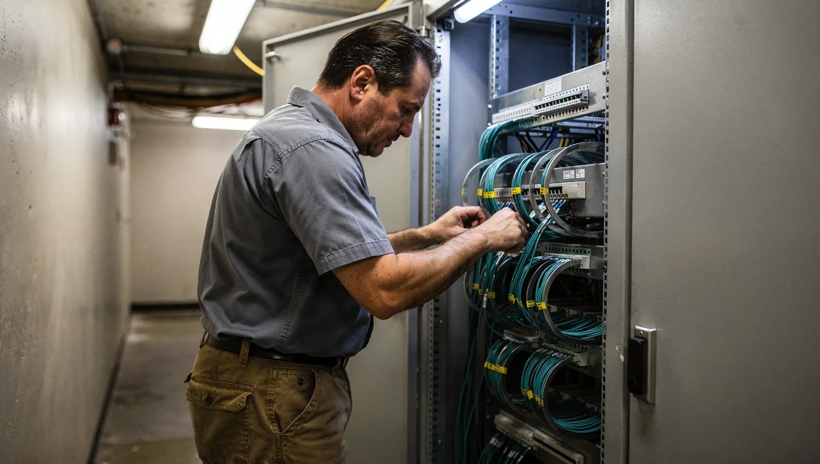 A technician connects teal fiber optic cables inside a server cabinet in a commercial building's telecom room.